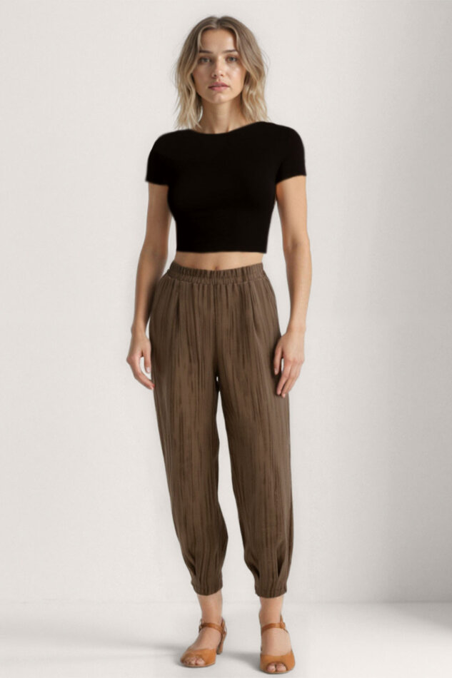 Kendinden Desenli Beli Lastikli Pileli Pantolon - 1