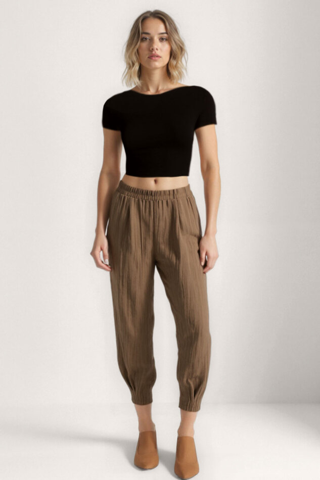 Kendinden Desenli Beli Lastikli Pileli Pantolon - 2