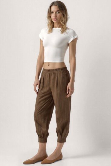 Kendinden Desenli Beli Lastikli Pileli Pantolon - 5