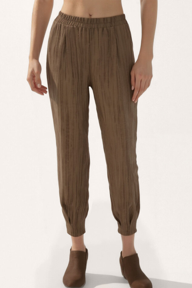 Kendinden Desenli Beli Lastikli Pileli Pantolon - 6