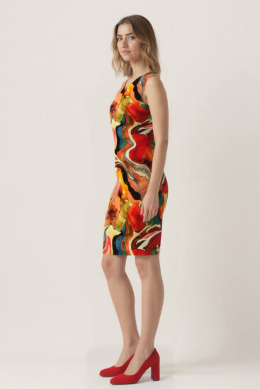 Kendinden Desenli Çift V Yaka Elbise - 3