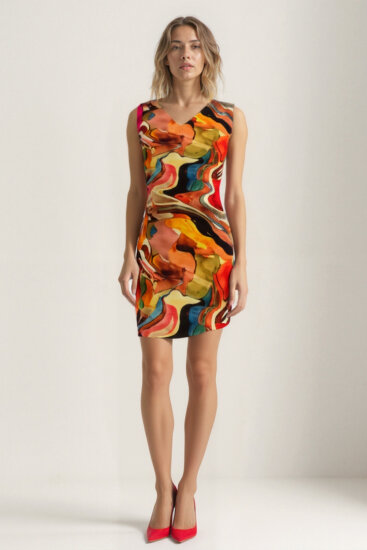 Kendinden Desenli Çift V Yaka Elbise - 4