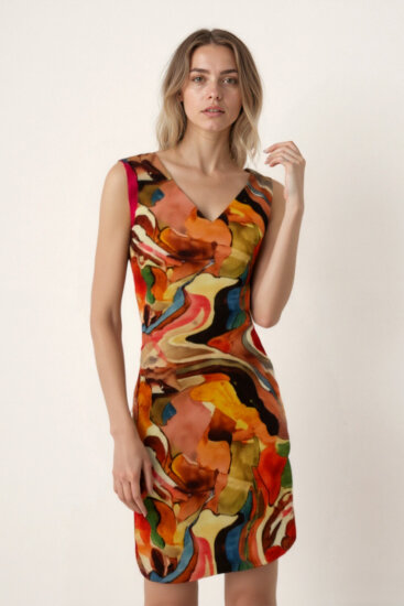 Kendinden Desenli Çift V Yaka Elbise - 2