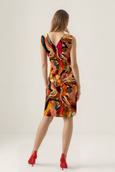 Kendinden Desenli Çift V Yaka Elbise - 5