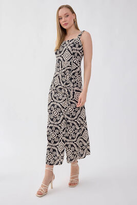 Kendinden Desenli Önü Büzgülü Elbise (1)