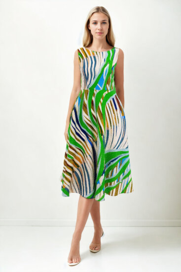 Kendinden Desenli Sıfır Kol Midi Elbise - 1