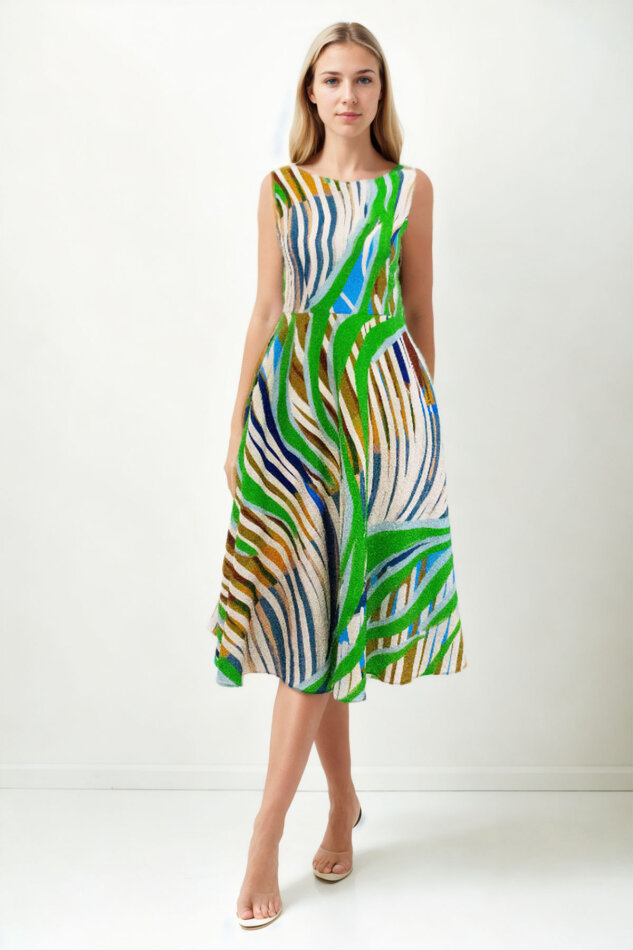 Kendinden Desenli Sıfır Kol Midi Elbise - 1