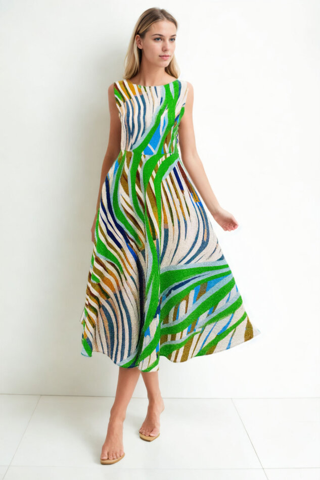 Kendinden Desenli Sıfır Kol Midi Elbise - 2