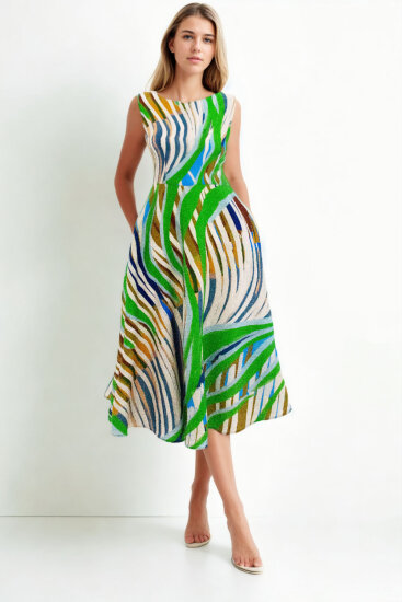 Kendinden Desenli Sıfır Kol Midi Elbise - 3