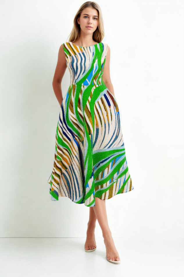 Kendinden Desenli Sıfır Kol Midi Elbise - 3