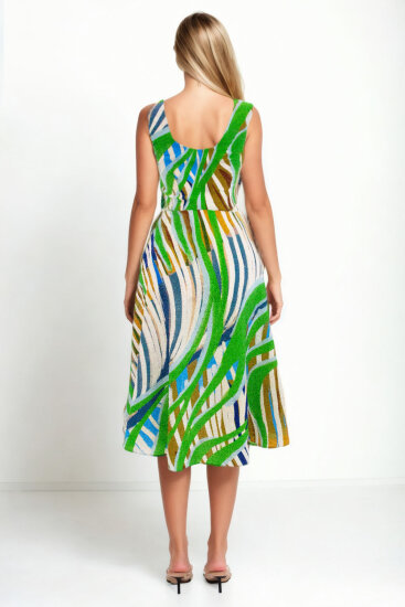 Kendinden Desenli Sıfır Kol Midi Elbise - 4