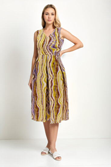 Kendinden Desenli V Yaka Pileli Elbise - 2