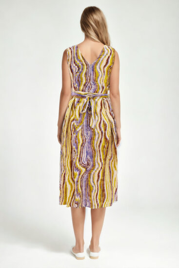 Kendinden Desenli V Yaka Pileli Elbise - 4