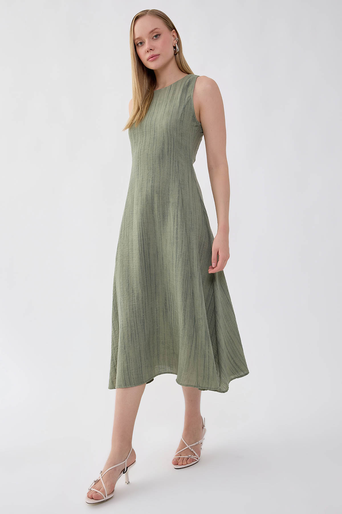 Kendinden Desenli Verev Elbise - Thumbnail