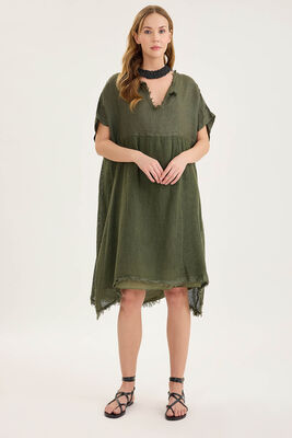 VİTRİN - Kısa Kol Etek Kısmı Fileli Keten Elbise