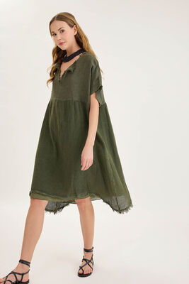 Kısa Kol Etek Kısmı Fileli Keten Elbise - Thumbnail (5)