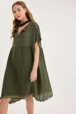 Kısa Kol Etek Kısmı Fileli Keten Elbise - Thumbnail (6)