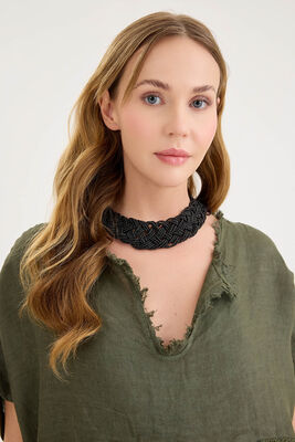 Kısa Kol Etek Kısmı Fileli Keten Elbise - Thumbnail (7)