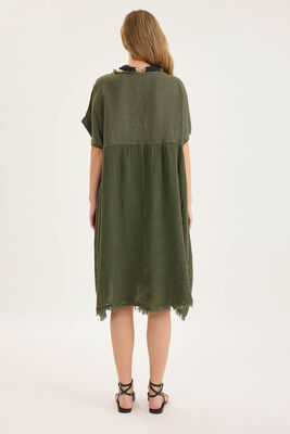 Kısa Kol Etek Kısmı Fileli Keten Elbise - Thumbnail (3)