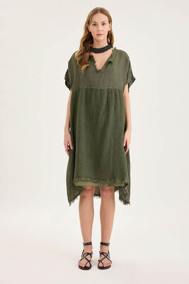 VİTRİN - Kısa Kol Etek Kısmı Fileli Keten Elbise (1)