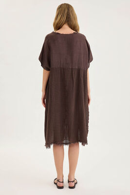 Kısa Kol Etek Kısmı Fileli Keten Elbise - Thumbnail (11)