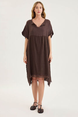 Kısa Kol Etek Kısmı Fileli Keten Elbise - Thumbnail (8)