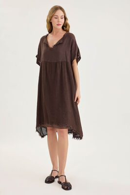 Kısa Kol Etek Kısmı Fileli Keten Elbise - Thumbnail (9)