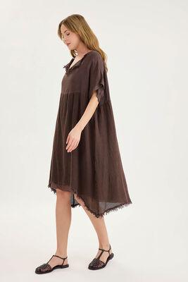 Kısa Kol Etek Kısmı Fileli Keten Elbise - Thumbnail (12)