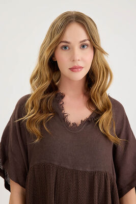 Kısa Kol Etek Kısmı Fileli Keten Elbise - Thumbnail (13)