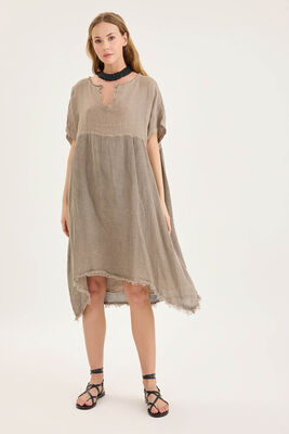 Kısa Kol Etek Kısmı Fileli Keten Elbise - Thumbnail (15)