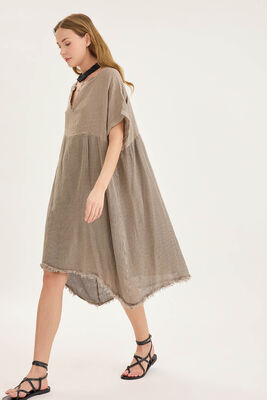 Kısa Kol Etek Kısmı Fileli Keten Elbise - Thumbnail (18)
