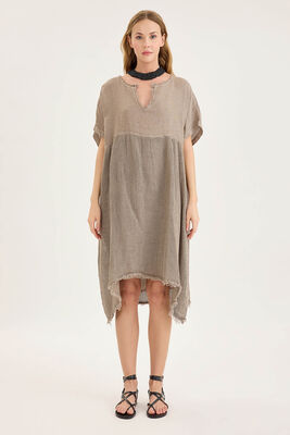 Kısa Kol Etek Kısmı Fileli Keten Elbise - Thumbnail (14)