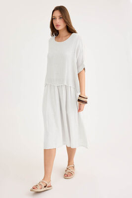 Kısa Kol Fileli Keten Elbise - Thumbnail (21)