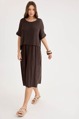 Kısa Kol Fileli Keten Elbise - Thumbnail (25)