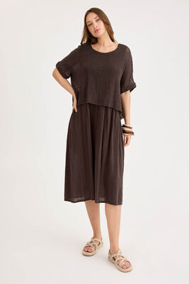 Kısa Kol Fileli Keten Elbise - Thumbnail (26)