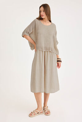Kısa Kol Fileli Keten Elbise - Thumbnail (28)