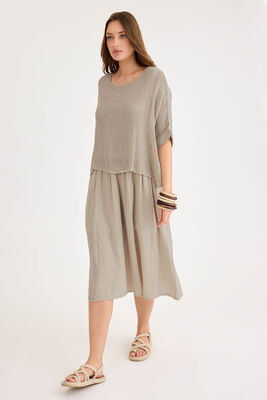 Kısa Kol Fileli Keten Elbise - Thumbnail (29)