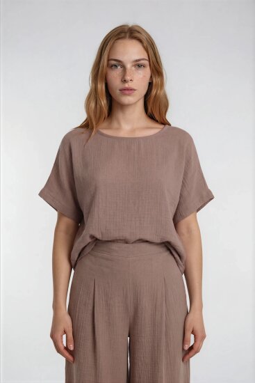 Kısa Kol Oversize Keten Bluz - 1