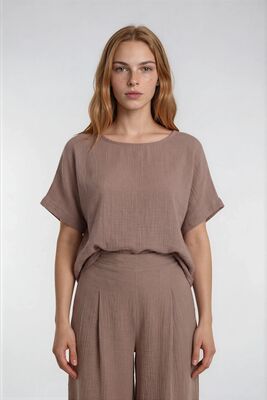 Kısa Kol Oversize Keten Bluz