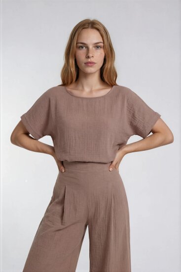 Kısa Kol Oversize Keten Bluz - 2