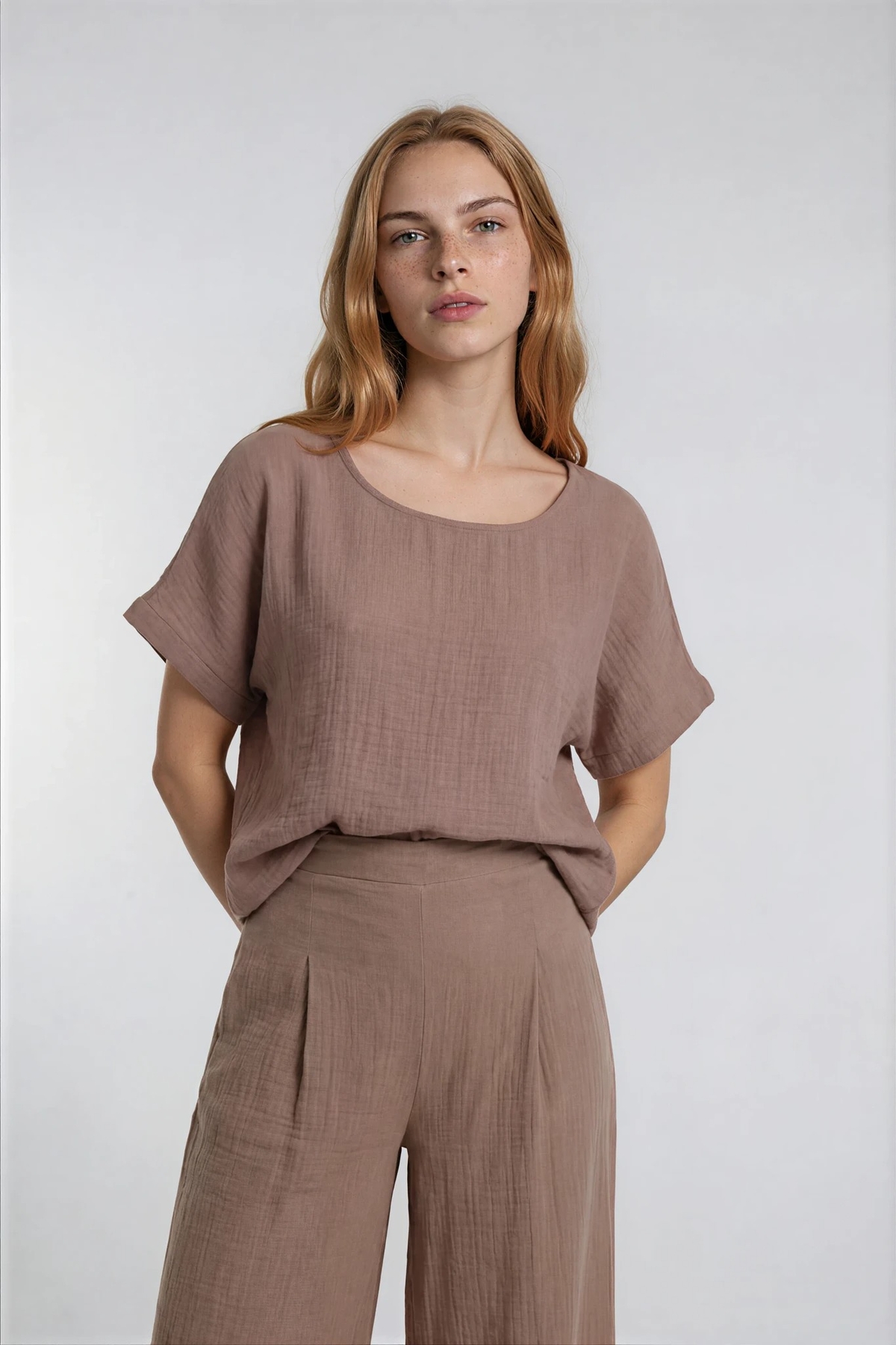 Kısa Kol Oversize Keten Bluz - Thumbnail