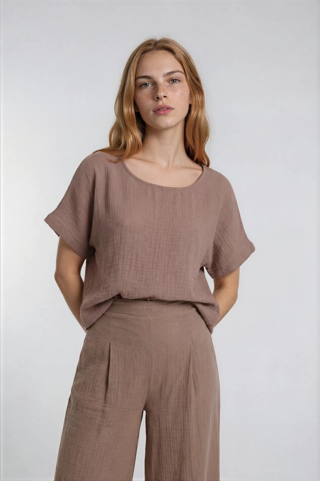 Kısa Kol Oversize Keten Bluz - 3