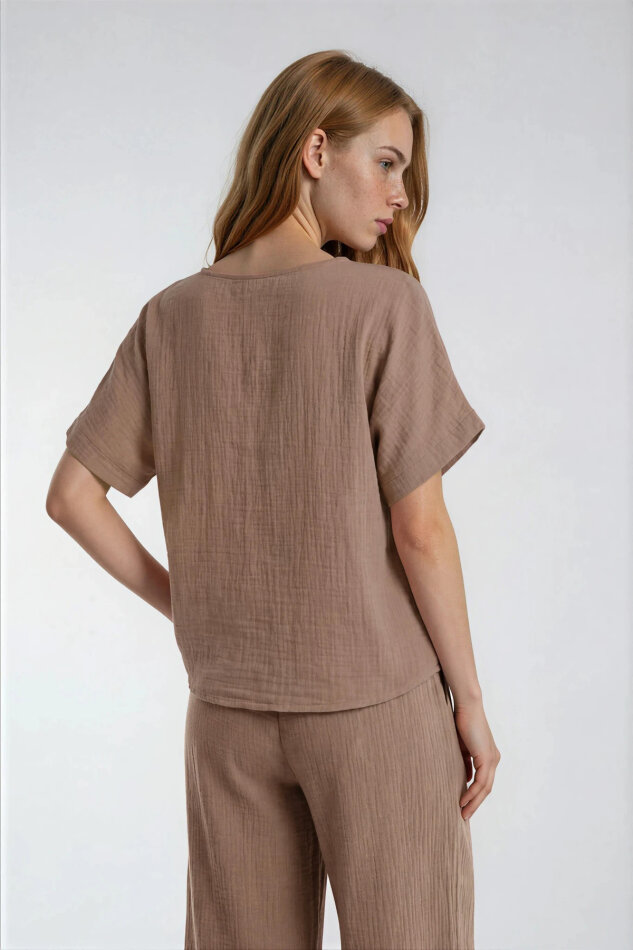 Kısa Kol Oversize Keten Bluz - 4