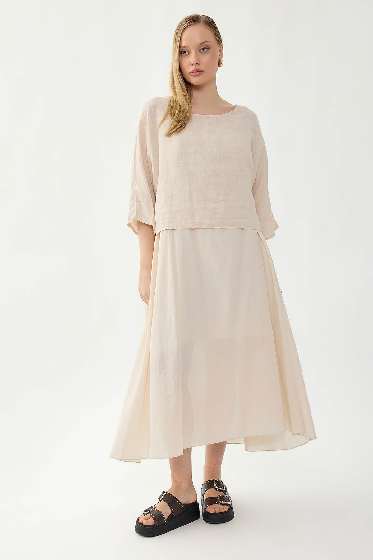 VİTRİN - %100 Keten Kısa Kol Uzun Elbise (1)