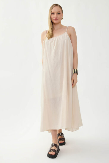 %100 Keten Kısa Kol Uzun Elbise - 13