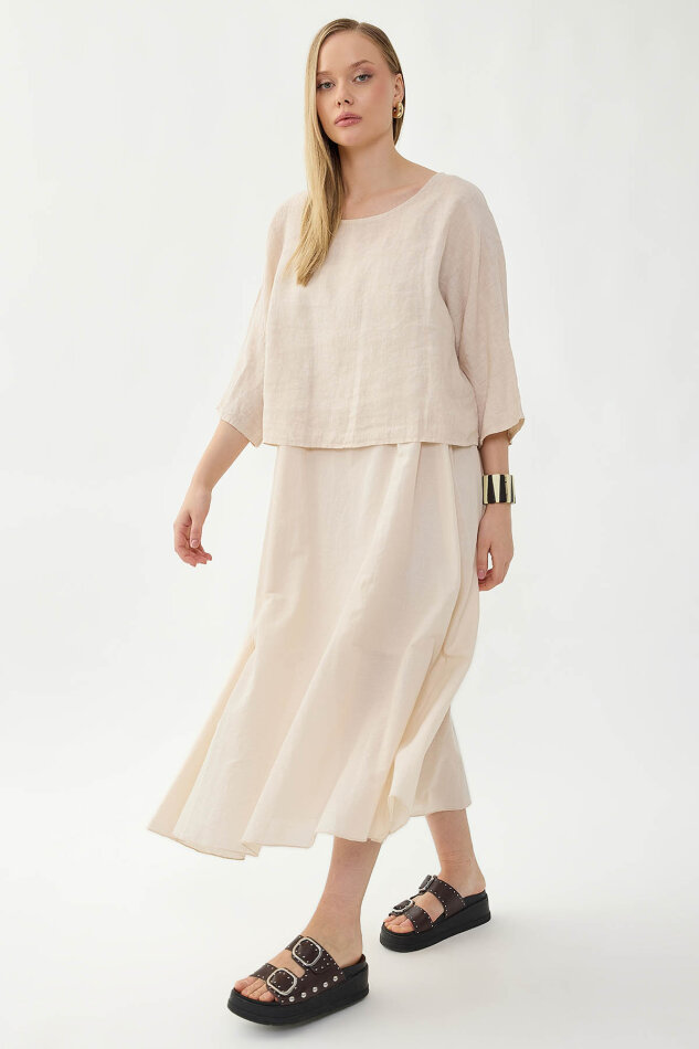 %100 Keten Kısa Kol Uzun Elbise - 10