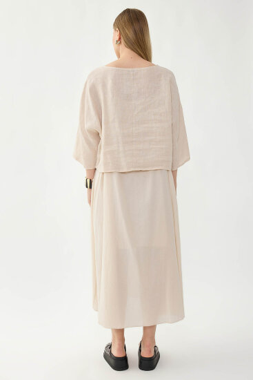 %100 Keten Kısa Kol Uzun Elbise - 12