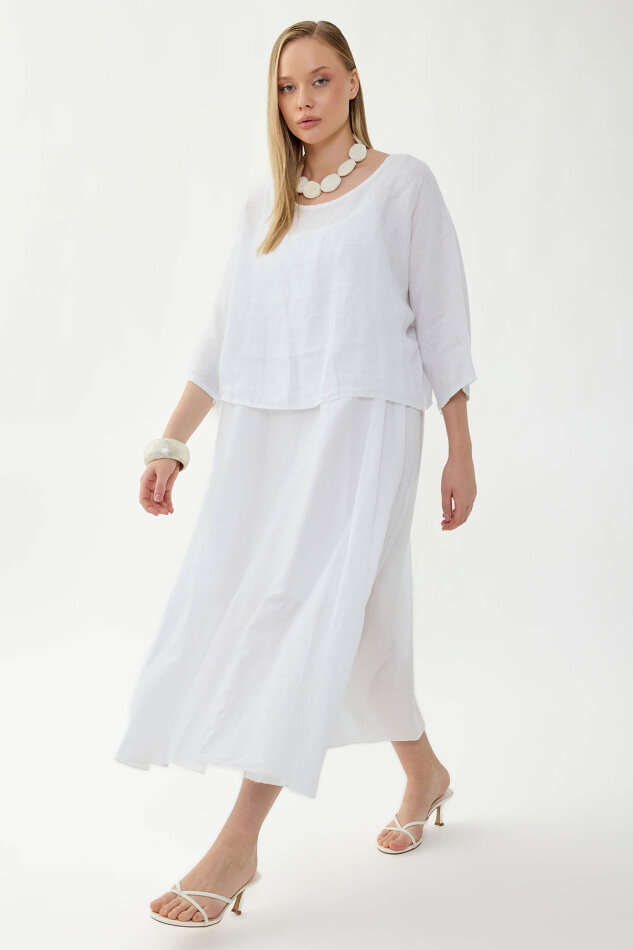 %100 Keten Kısa Kol Uzun Elbise - 4