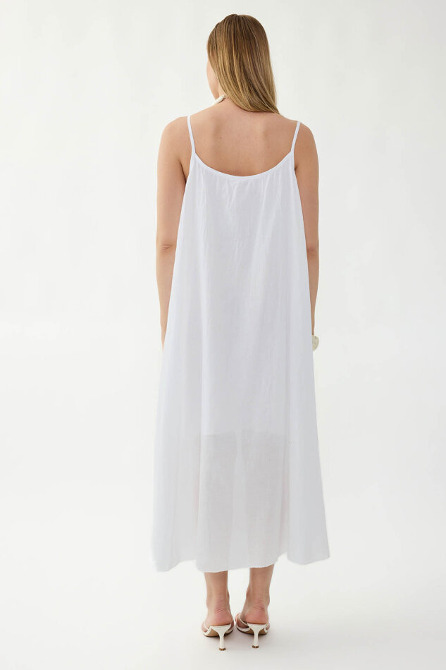 %100 Keten Kısa Kol Uzun Elbise - 6