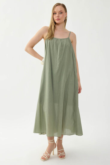 %100 Keten Kısa Kol Uzun Elbise - 18